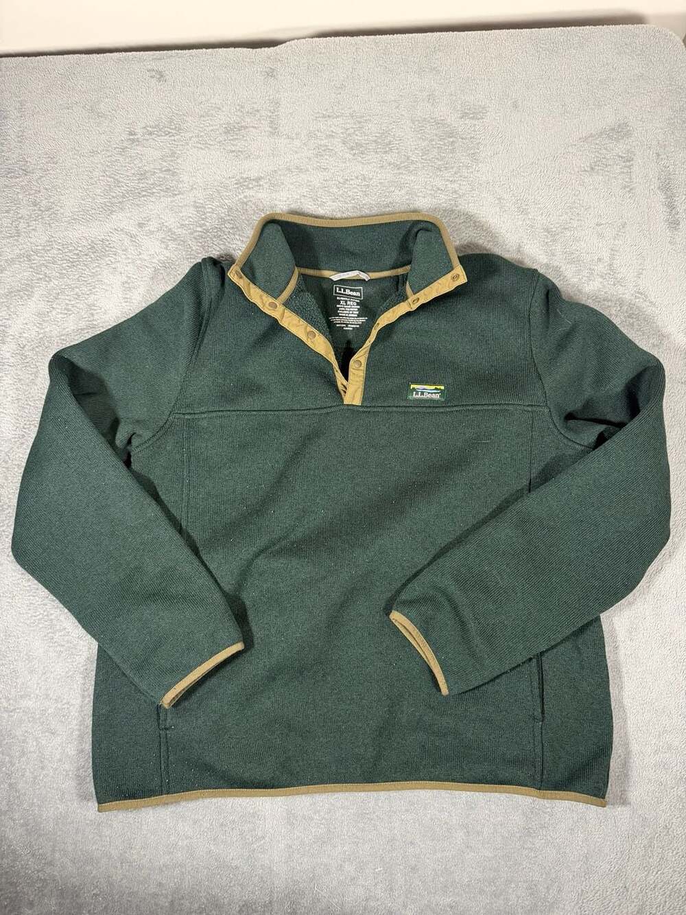 LL Bean Men's Fleece Pullover Sweater XL REG Green Snap Mock Neck